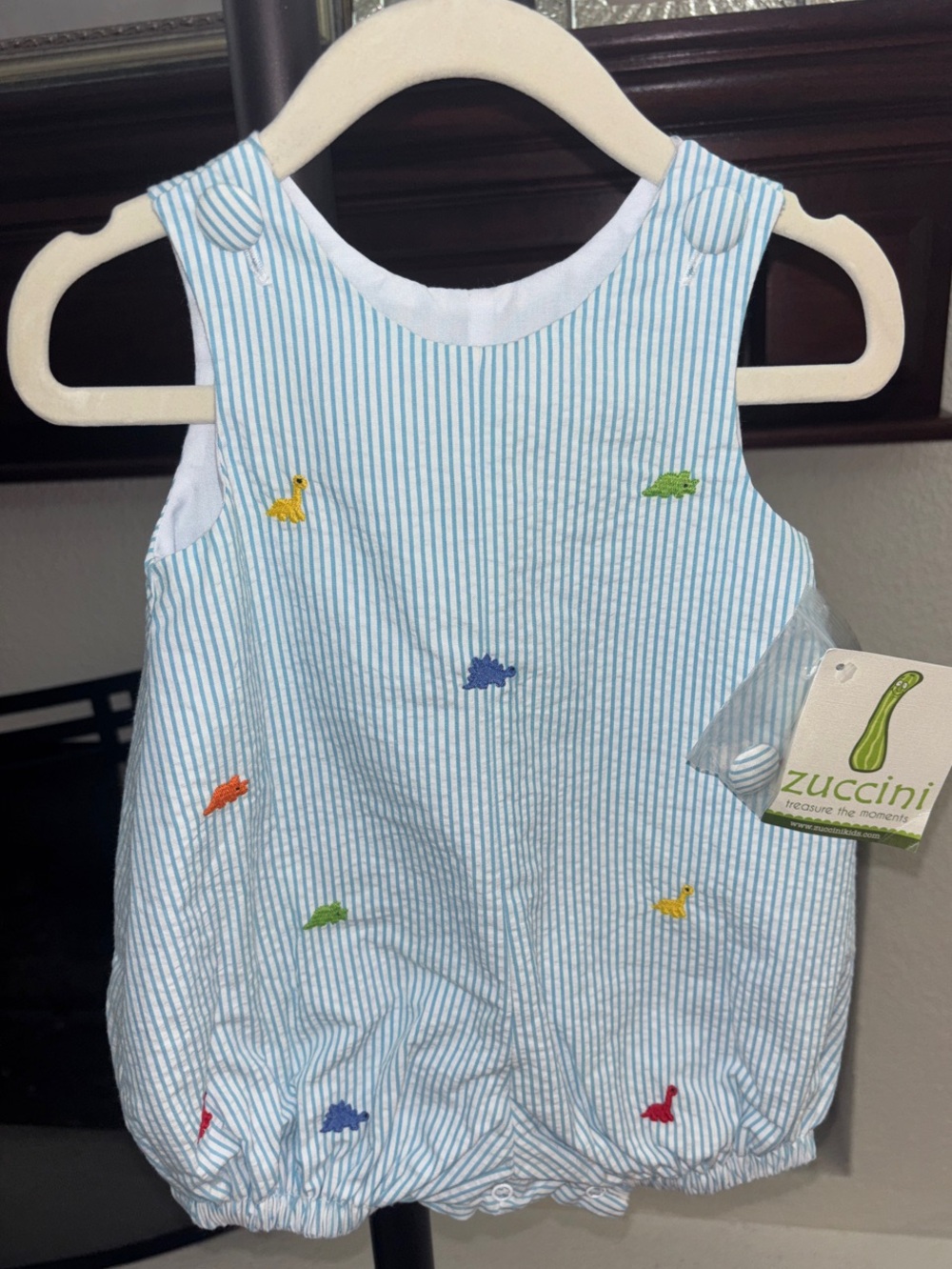 Light Blue Striped Baby Bubble Romper with Colorful Dino Embroidery